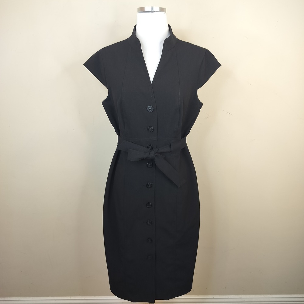Calvin Klein Belted Sheath Dress 10 Button Front Career Professional Black